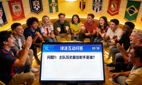 球迷互动问答热烈场面 - 多人围坐讨论，屏幕上显示着问答界面
